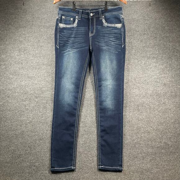 Grace in LA Easy Fit Jeans Women's 27 Blue Embroidered Flap Pocket Denim Stretch - Picture 1 of 10